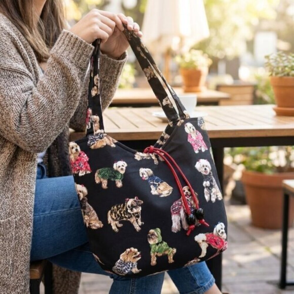 NWOT My Destiny Dog Print Mini Tote Bag Sweater Dogs Black Cotton Beaded